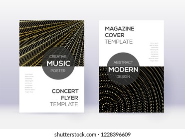 Modern cover design template set. Gold abstract lines on black background. Excellent cover design. Uncommon catalog, poster, book template etc.