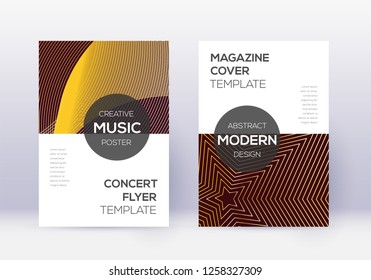 Modern cover design template set. Gold abstract lines on maroon background. Exceptional cover design. Fancy catalog, poster, book template etc.