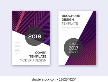 Modern cover design template set. Violet abstract lines on maroon background. Fair cover design. Creative catalog, poster, book template etc.