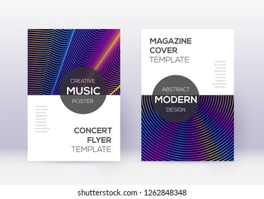 Modern cover design template set. Rainbow abstract lines on dark blue background. Exotic cover design. Resplendent catalog, poster, book template etc.