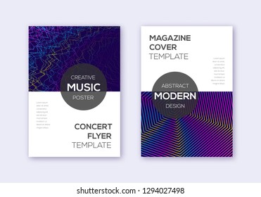 Modern cover design template set. Rainbow abstract lines on dark blue background. Exotic cover design. Lively catalog, poster, book template etc.