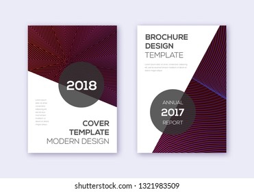 Modern cover design template set. Violet abstract lines on maroon background. Fair cover design. Dazzling catalog, poster, book template etc.