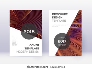 Modern cover design template set. Orange abstract lines on wine red background. Extraordinary cover design. Optimal catalog, poster, book template etc.
