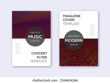Modern cover design template set. Orange abstract lines on wine red background. Exotic cover design. Charming catalog, poster, book template etc.