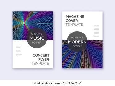 Modern cover design template set. Rainbow abstract lines on dark blue background. Exotic cover design. Interesting catalog, poster, book template etc.