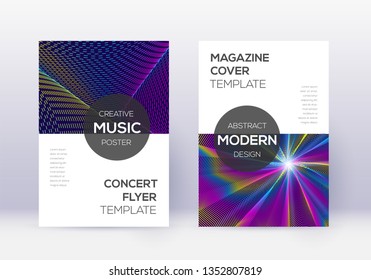 Modern cover design template set. Rainbow abstract lines on dark blue background. Exotic cover design. Stunning catalog, poster, book template etc.