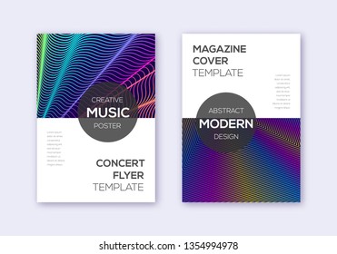 Modern cover design template set. Rainbow abstract lines on dark blue background. Exotic cover design. Splendid catalog, poster, book template etc.