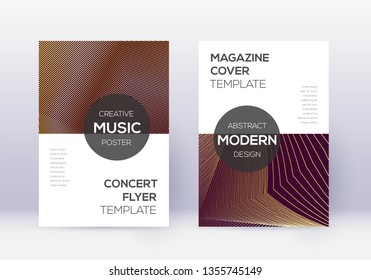 Modern cover design template set. Gold abstract lines on maroon background. Exceptional cover design. Eminent catalog, poster, book template etc.