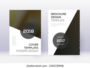 Modern cover design template set. Gold abstract lines on black background. Extra cover design. Dramatic catalog, poster, book template etc.