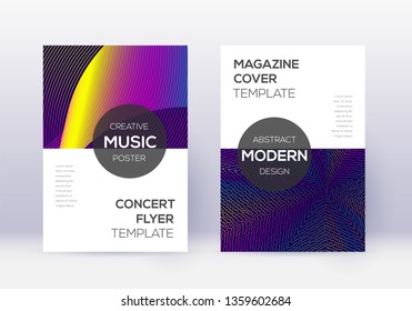 Modern cover design template set. Rainbow abstract lines on dark blue background. Exotic cover design. Overwhelming catalog, poster, book template etc.