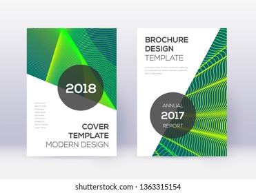 Modern cover design template set. Green abstract lines on dark background. Extra cover design. Superb catalog, poster, book template etc.