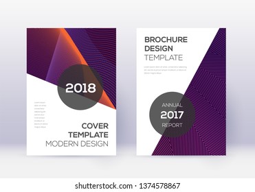 Modern cover design template set. Violet abstract lines on dark background. Fair cover design. Alluring catalog, poster, book template etc.