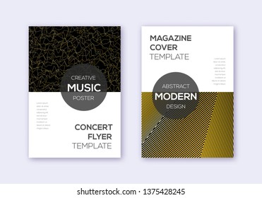 Modern cover design template set. Gold abstract lines on black background. Excellent cover design. Outstanding catalog, poster, book template etc.