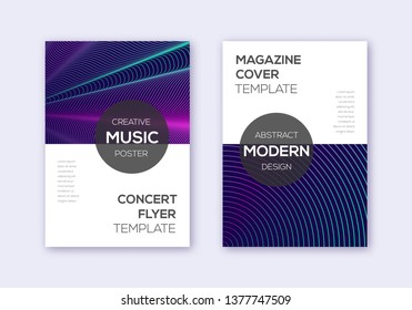 Modern cover design template set. Neon abstract lines on dark blue background. Exceptional cover design. Ravishing catalog, poster, book template etc.