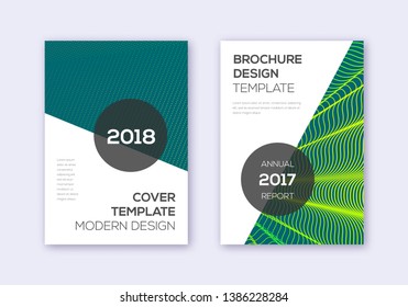 Modern cover design template set. Green abstract lines on dark background. Extra cover design. Trending catalog, poster, book template etc.