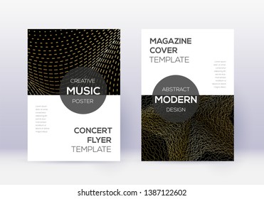 Modern cover design template set. Gold abstract lines on black background. Excellent cover design. Rare catalog, poster, book template etc.