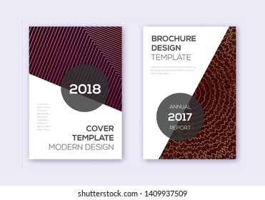 Modern cover design template set. Gold abstract lines on bordo background. Extra cover design. Fine catalog, poster, book template etc.
