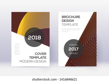 Modern cover design template set. Gold abstract lines on maroon background. Extra cover design. Pleasant catalog, poster, book template etc.