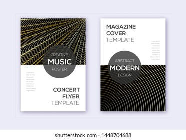 Modern cover design template set. Gold abstract lines on black background. Excellent cover design. Unequaled catalog, poster, book template etc.