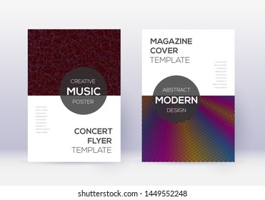 Modern cover design template set. Rainbow abstract lines on wine red background. Exquisite cover design. Artistic catalog, poster, book template etc.