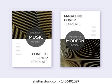 Modern cover design template set. Gold abstract lines on black background. Excellent cover design. Vibrant catalog, poster, book template etc.