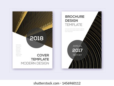 Modern cover design template set. Gold abstract lines on black background. Extra cover design. Astonishing catalog, poster, book template etc.