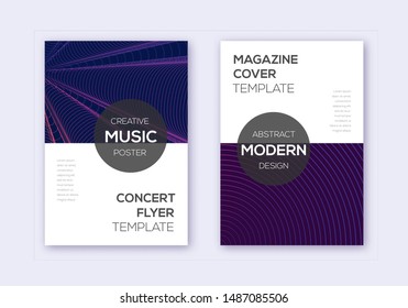 Modern cover design template set. Violet abstract lines on maroon background. Exquisite cover design. Symmetrical catalog, poster, book template etc.