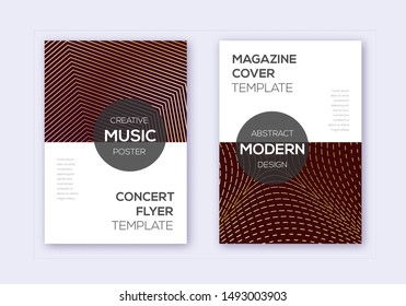 Modern cover design template set. Gold abstract lines on bordo background. Exceptional cover design. Alluring catalog, poster, book template etc.