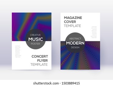Modern cover design template set. Rainbow abstract lines on dark blue background. Exotic cover design. Pleasant catalog, poster, book template etc.