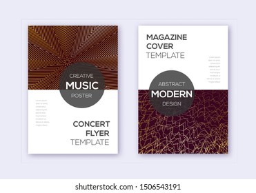 Modern cover design template set. Gold abstract lines on bordo background. Exceptional cover design. Comely catalog, poster, book template etc.