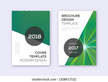 Modern cover design template set. Green abstract lines on dark background. Extra cover design. Stunning catalog, poster, book template etc.