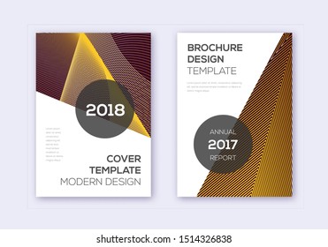 Modern cover design template set. Gold abstract lines on bordo background. Extra cover design. Favorable catalog, poster, book template etc.