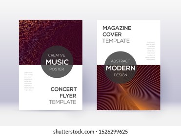 Modern cover design template set. Orange abstract lines on wine red background. Exotic cover design. Breathtaking catalog, poster, book template etc.