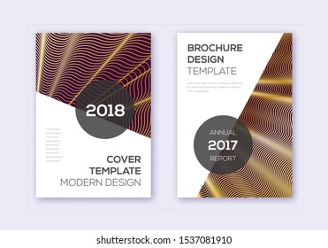 Modern cover design template set. Gold abstract lines on bordo background. Extra cover design. Indelible catalog, poster, book template etc.