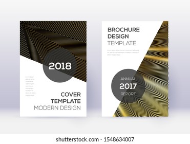 Modern cover design template set. Gold abstract lines on black background. Extra cover design. Artistic catalog, poster, book template etc.