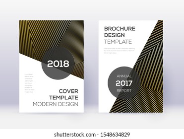 Modern cover design template set. Gold abstract lines on black background. Extra cover design. Captivating catalog, poster, book template etc.