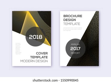Modern cover design template set. Gold abstract lines on black background. Extra cover design. Enchanting catalog, poster, book template etc.