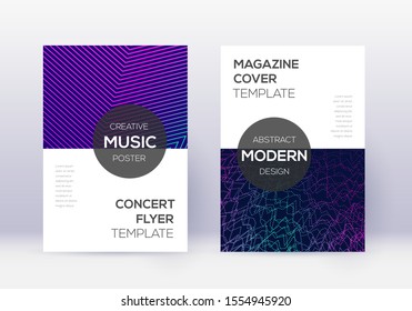 Modern cover design template set. Neon abstract lines on dark blue background. Exceptional cover design. Tempting catalog, poster, book template etc.