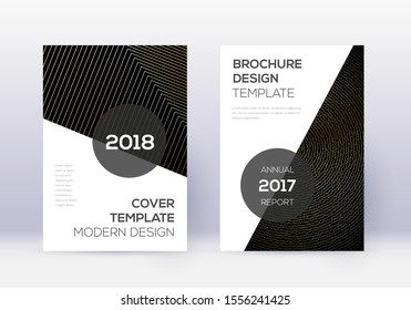 Modern cover design template set. Gold abstract lines on black background. Extra cover design. Attractive catalog, poster, book template etc.