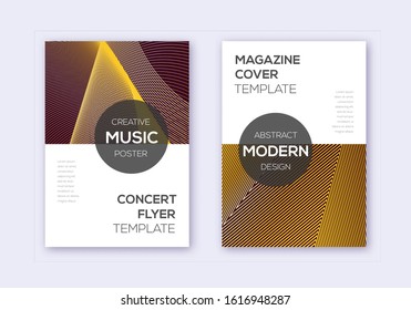 Modern cover design template set. Gold abstract lines on bordo background. Exceptional cover design. Attractive catalog, poster, book template etc.