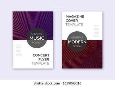 Modern cover design template set. Violet abstract lines on maroon background. Exquisite cover design. Rare catalog, poster, book template etc.