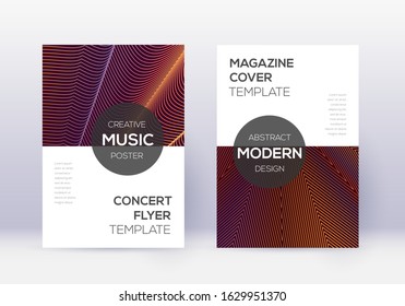 Modern cover design template set. Orange abstract lines on wine red background. Exotic cover design. Comely catalog, poster, book template etc.