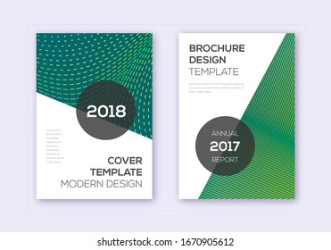 Conjunto moderno de plantillas de diseño de portada. Líneas abstractas verdes sobre fondo oscuro. Extraordinario diseño de portada. Catálogo activo, póster, plantilla de libro, etc.