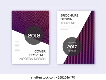 Modern cover design template set. Violet abstract lines on maroon background. Fair cover design. Dramatic catalog, poster, book template etc.