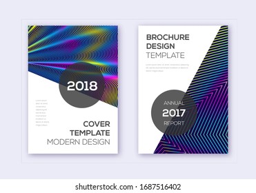 Modernes Cover Design Template Set. Abstrakte Regenbogen-Linien auf dunkelblauem Hintergrund. Fantastisches Cover-Design. Attraktiver Katalog, Plakat, Buchvorlage etc.