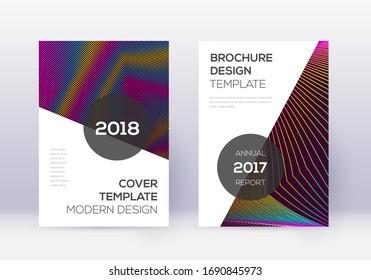 Conjunto moderno de plantillas de diseño de portada. Líneas abstractas del arcoiris sobre fondo rojo del vino. Diseño de portada fabuloso. Excelente catálogo, afiche, plantilla de libro, etc.
