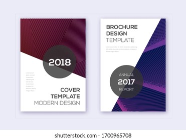 Modern cover design template set. Violet abstract lines on maroon background. Fair cover design. Classy catalog, poster, book template etc.