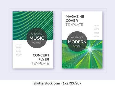 Modern cover design template set. Green abstract lines on dark background. Exceptional cover design. Impressive catalog, poster, book template etc.