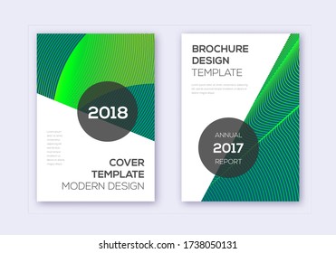 Moderne Deckendesign-Template-Set. Grüne abstrakte Linien auf dunklem Hintergrund. Extra-Cover-Design. Radiant Katalog, Poster, Buchvorlage etc.