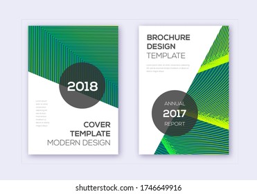 Moderne Deckendesign-Template-Set. Grüne abstrakte Linien auf dunklem Hintergrund. Extra-Cover-Design. Leistungsstarker Katalog, Poster, Buchvorlage etc.